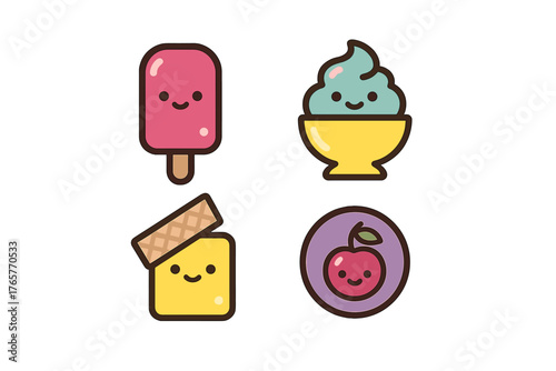Adorable cartoon characters of sweet desserts including popsicle, ice cream, sundae, and cherry