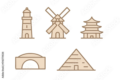 Minimalist line art icons of famous global travel landmarks and historical monuments