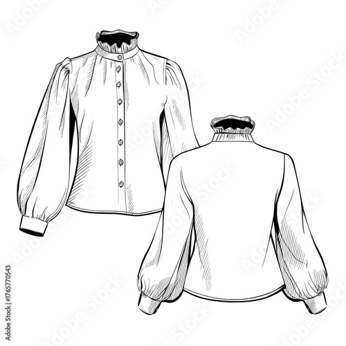 The technical drawing template for a balloon sleeve shirt includes a ruffled blouse design with long sleeves, button-up closure, and both front and back views, available in white and lilac for