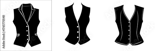 Technical drawing of a woman's fashion vest with a v neck and buttoned front in a flat sketch cad mockup design model