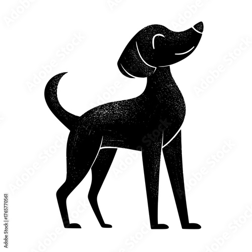 The image presents a contemporary silhouette of a dog set against a white backdrop, with the black dog standing out in isolation, created using a cutout technique and characterized by a hand-drawn,