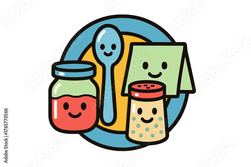 Cute anthropomorphic dining utensils and condiments characters smiling happily