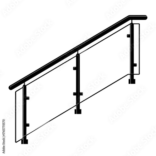 Modern illustrations realistically depict a glass banister with plexiglass panels and metal tubular beam fasteners suitable for balcony or stairway guardrails and fences with transparent acrylic