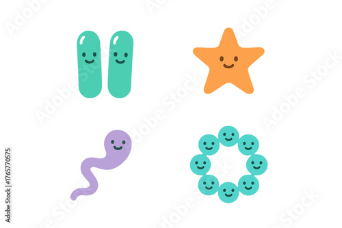Cute cartoon microbes and marine life characters with smiling faces on white background