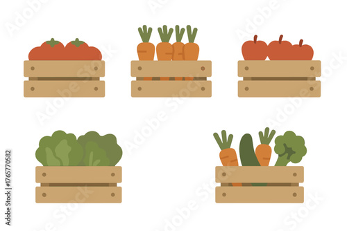 Collection of wooden crates filled with fresh organic fruits and vegetables on a white background