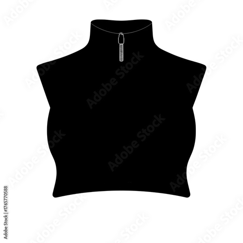 Flat sketch technical drawing cad mockup of a high neck, turtleneck, zippered, cropped, sleeveless blouse designed as a halter top for woman's fashion template