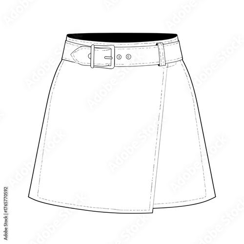 A CAD mockup of a buckled mini skirt is provided, showcasing an A-line design with technical fashion illustration, including front and back views
