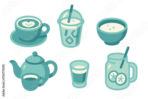 Stylized set of various beverages and drinkware including coffee, tea, and infused water