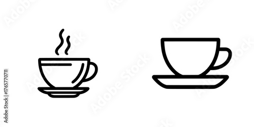 The icon of a coffee cup is presented in a modern flat style with an editable stroke outline on a white background