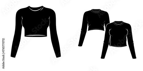 The template features a flat sketch of a women's long sleeve crop top t-shirt, including front and back views, as a fashion illustration drawing and mock up for an active long sleeve t-shirt