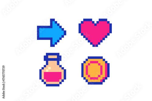 Set of retro pixel style gaming elements: directional arrow, health heart, magic potion, and gold coin