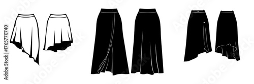 Fashion illustration of women's midi length high low skirt with front and back view in flat sketch style