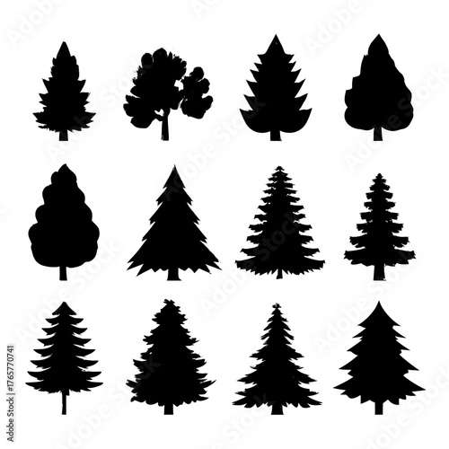 An icon set comprising green trees of various shapes is available, reflecting concepts of forest, nature, tree, Christmas, Xmas, and winter, characterized by simple and modern flat illustrations, set
