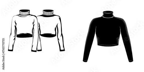 A technical fashion illustration of the Roll Neck Top presents a Knitted Crop Top with ribbed details and a slim fit silhouette, viewed from the front and back, available in two color options, white
