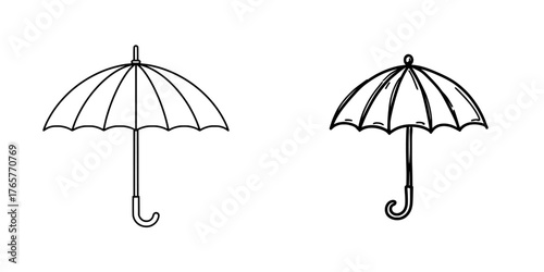 A hand-drawn line icon of a modern umbrella is showcased as an isolated icon, featuring linear artwork elements and flat design, all condensed into a one-line object