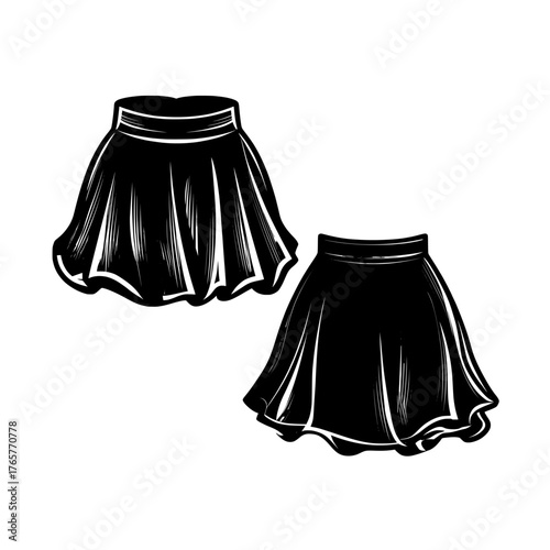 Modern template mockup of a dirndl skirt for women, showcasing a flat sketch illustration with both front and back views, and a technical drawing of a bell-shaped fashion skirt’ becomes ‘Flat sketch