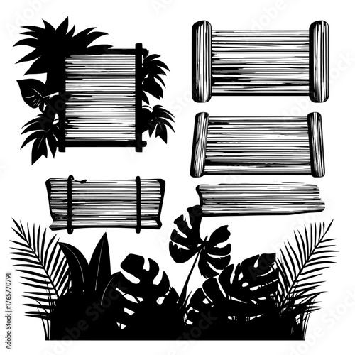 A modern cartoon illustration of ui elements for a jungle adventure game, including a wooden board with bamboo frame, menu background, and buttons, all isolated on a background