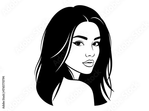 Striking vector illustration of a beautiful woman with long dark hair, captured in a stylish black and white portrait, conveying modern elegance and confident allure for beauty and fashion designs