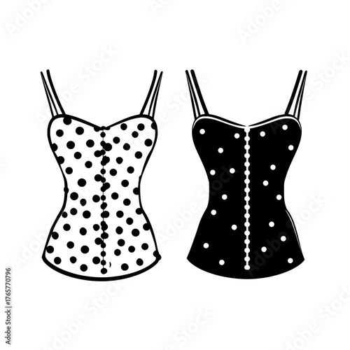 The technical fashion illustration showcases a Lace Tank Top with polka dots, paired with a Strap Top fashion flat template, including side zip-up and dual-view display, in white and blue hues,