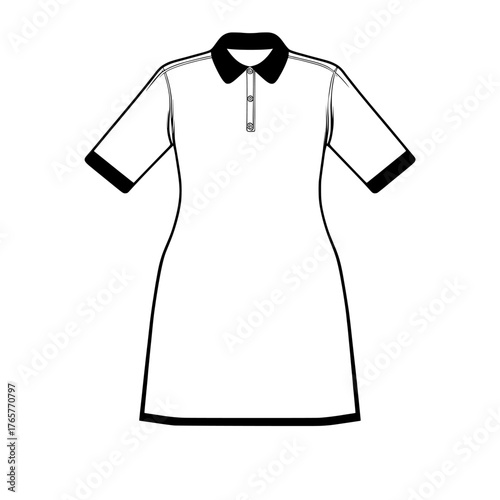 flat sketch template of a short sleeve polo dress for women in modern illustration and cad drawing