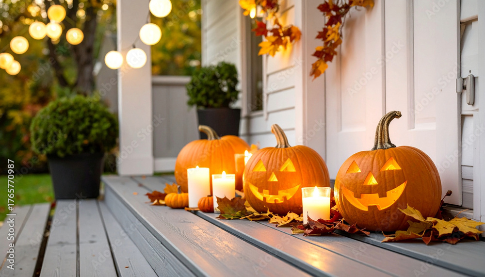 Obraz premium Background with halloween pumpkins, candles and autumn leaves on the wooden house porch