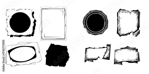 The design collection includes a torn newspaper piece, cut to fit a modern collage set, with a ripped circle and oblong purple note frame, accompanied by a shredded white edge, all part of an