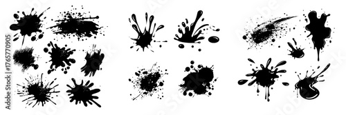 A collection of paint brush strokes, ink splatters, and artistic design elements, including rough smears, stains, and high-quality manually traced drops and blots, presented as a modern isolated