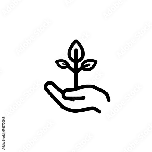 The illustration is a flat, modern depiction of a hand holding a plant or sprout, provided as an editable stroke outline icon, isolated on white, guaranteed to be pixel perfect at a resolution of 64
