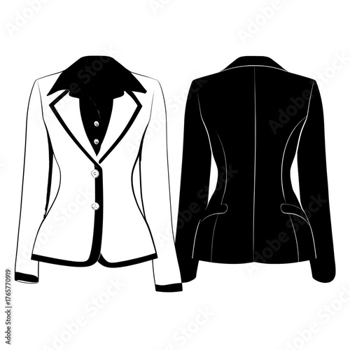 The illustration features a women's blazer coat with a notch lapel, showcasing both front and back views in a flat sketch, along with a single-breasted work wear coat suit that includes buttons,