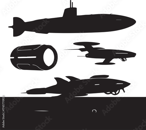 Black silhouettes of a submarine and futuristic spacecraft on white spaceship science fiction