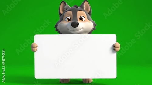 Adorable Cartoon Wolf Character Holding Blank White Sign on Green Screen Background.