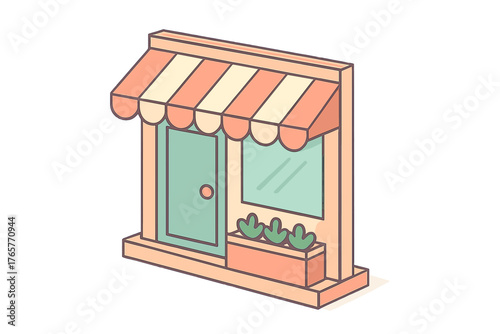 Isometric view of a small business storefront with striped awning and window display in pastel colors