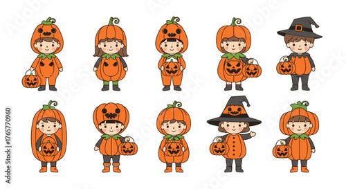 Adorable children in Halloween pumpkin costumes with carved jack o lanterns ready for trick or treating fun