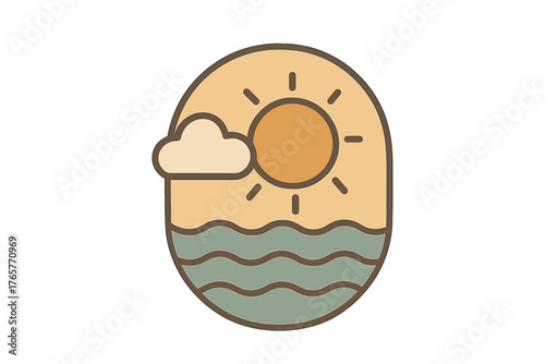 Vintage style badge featuring sun, cloud, and ocean waves using a muted color palette