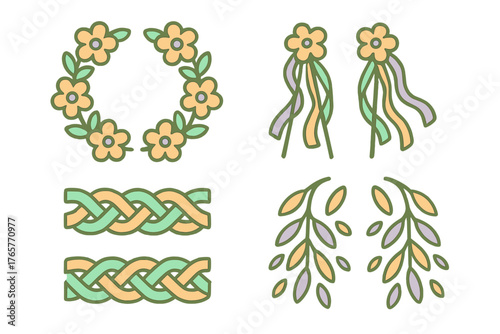 Set of decorative floral elements featuring a wreath, flowing ribbons, braided borders, and hanging foliage