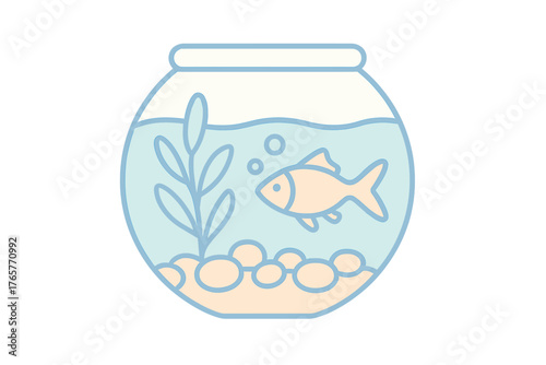 Small aquatic pet fish swimming inside a round glass fishbowl with water and decorative stones
