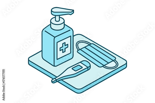 Isometric arrangement of hand sanitizer dispenser, protective face mask, and digital thermometer for health safety