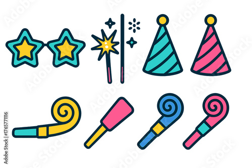 Colorful collection of party celebration accessories including hats, noisemakers, and sparklers