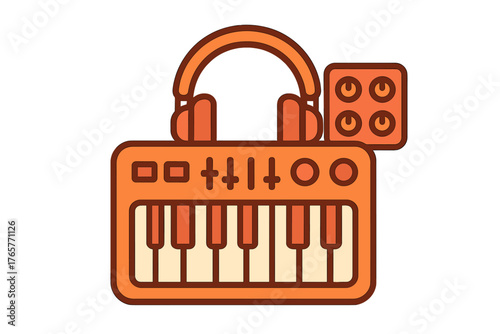 Orange electronic music synthesizer keyboard with headphones and sound controls