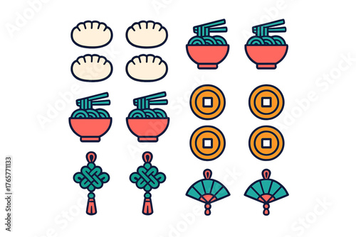 Traditional Asian food and culture symbols including dumplings, noodles, lucky coins, and fans