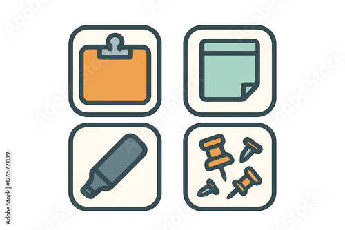 Essential office and planning supplies including a clipboard, sticky note, marker, and pushpins