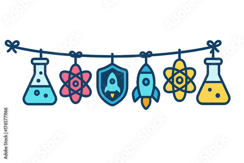Brightly colored scientific equipment and cosmic symbols hanging on a string banner