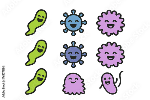 Group of happy cartoon germs and microscopic organisms in various shapes and colors