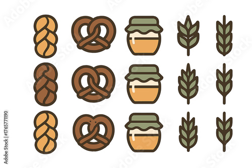 Collection of outlined icons featuring braided bread, pretzels, honey jars, and wheat stalks