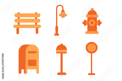 Set of orange street furniture and city infrastructure icons including bench hydrant and mailbox