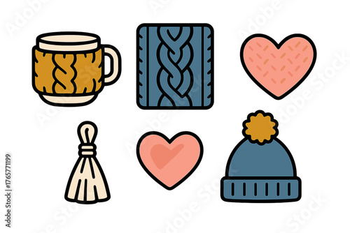 Cozy winter stickers set featuring knitted mug, beanie hat, cable knit pattern, and hearts