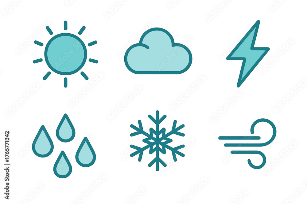 Fototapeta premium Minimalist set of six essential weather condition icons featuring sun, cloud, lightning, rain, snow, and wind symbols