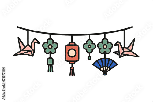 Traditional Asian decorations hanging banner with origami cranes lantern and fan