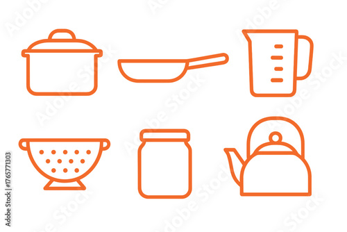 Essential kitchen tools and cooking appliances set in simple line art style
