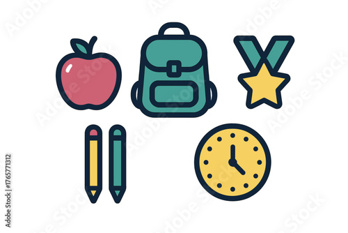 Colorful school and education items set featuring backpack, apple, pencils, clock, and award medal